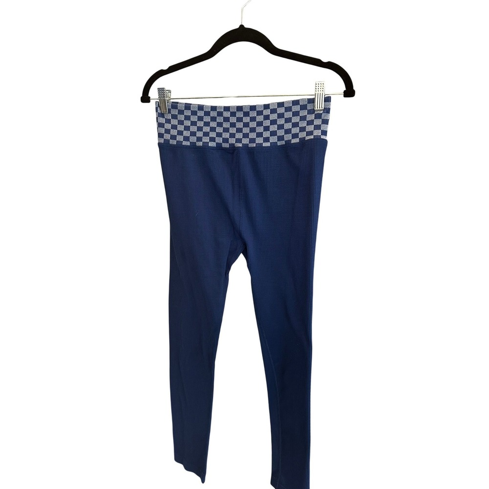 SO Goods for Life Navy‎ Blue Ribbed Leggings Checkered Waistband Size Medium
